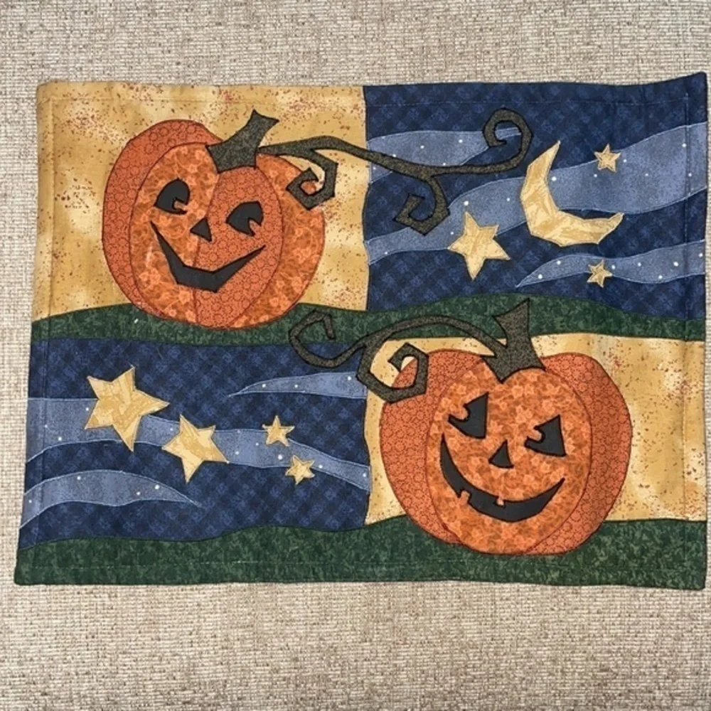 4 Quilted Halloween Jack O Lantern Fabric Placemats Pumpkin Moon Stars 18” x 13”